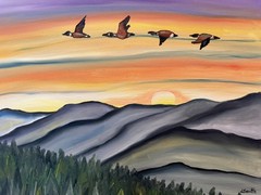 Original oil painting 11 x 14 inches blue ridge mountains with geese at sunset