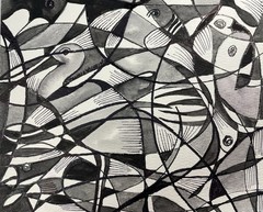 6”x7.5” Pamela Wilhelm Original Watercolor Black Grey Abstract Patterns Birds