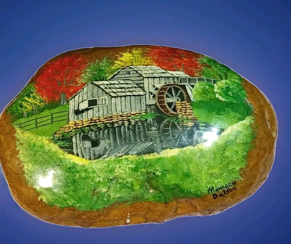 HAND PAINTED & SIGNED ROCK FALL SCENE & WATER MILL ARTIST SHELLACED