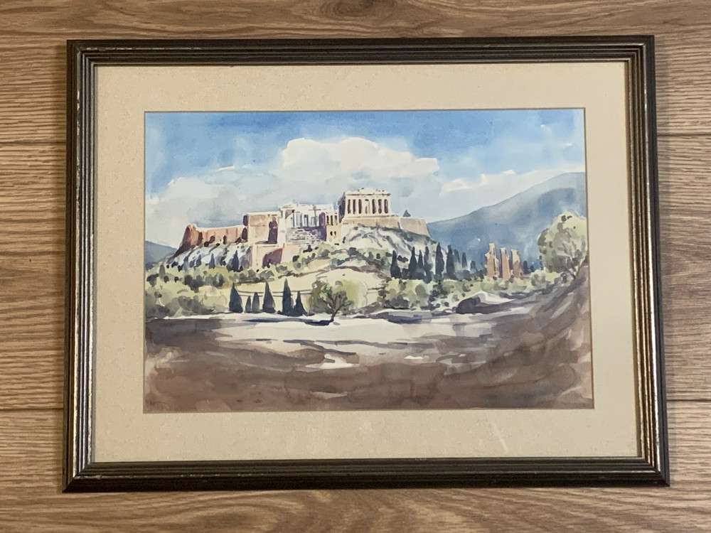 Original Watercolor Signed Brandy Acropolis Scene Professionally Framed Art
