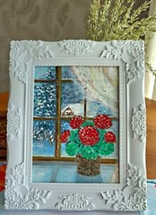 Oil painting Red flowers Geranium on the window Winter landscape Original New