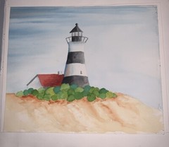 VTG Striped Lighthouse Nautical Beach Watercolor Unsigned Unframed 11”T 13.25”W