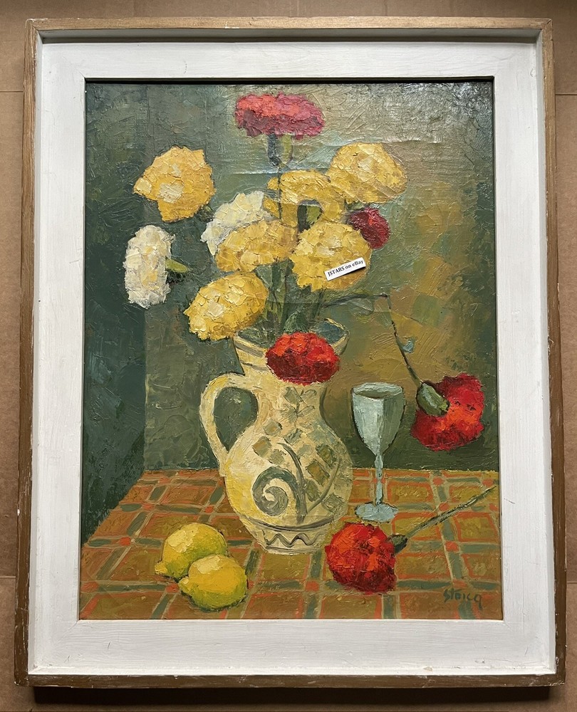 1990s CARNATIONS STILL LIFE IMPASTO ORIGINAL OIL PAINTING STOKA GHEORGHE ROMANIA