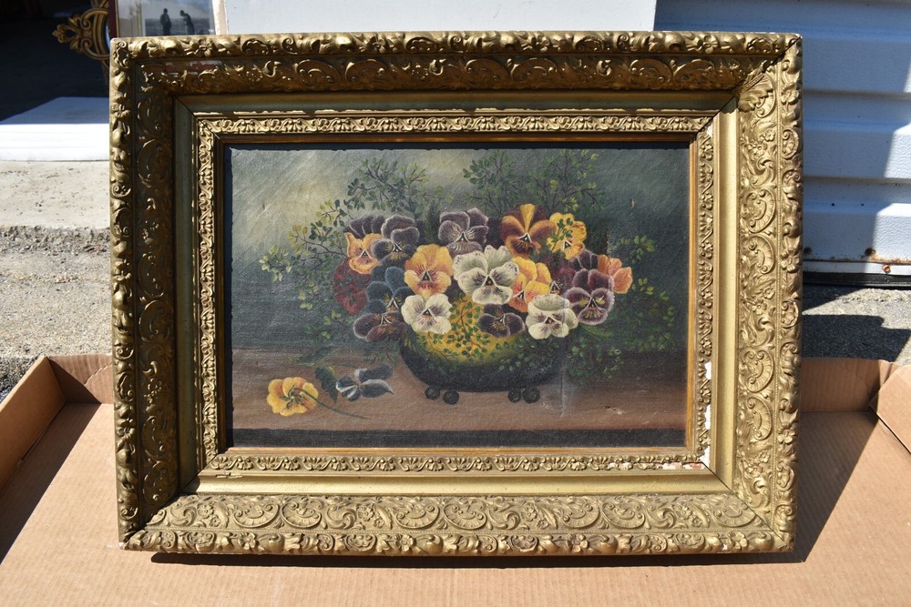 Old Still Life Painting on Canvas, ‚Bowl of Pansies‘ (JC288) chalice co