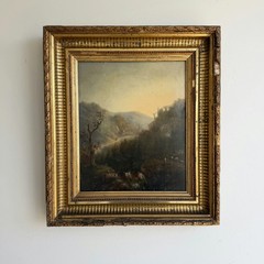 19th Century Antique Landscape Oil Painting „Gilded Frame“ Belgique Art