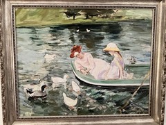 Beautiful framed Oil on canvas painting mother & daughter on the lake 33” x 37”