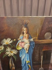 Vintage flemish school Madonna statue interior oil canvas painting signed