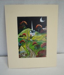El Towle Original Folk Art Painting Night Scene Vermont Landscape Moon Church