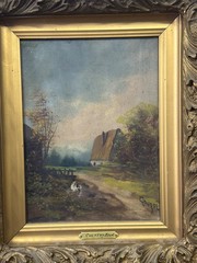antique oil painting country road rococo victorian frame ornate small size