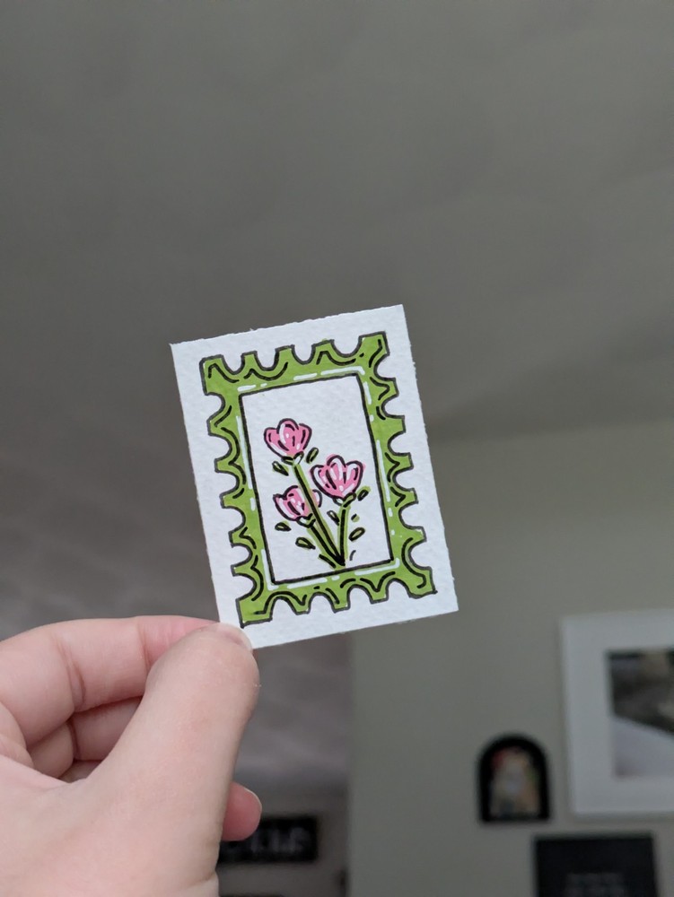 MINI ACEO Art Card, 2×2.5, Cute Pink Flowers, Pretty, Stamp Style By TS.EG
