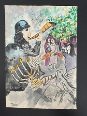 Marc Chagall’ Signed Surrealism Painting on Paper 11″ x 8.5″ Judaic Symbols