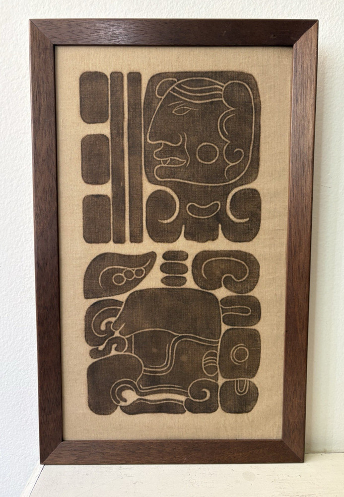 Vintage Mayan Glyph Art on Fabric Framed Art Piece 1977 12″ x 25″