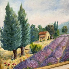 Vintage Landscape Oil Painting „Lavender Field“ Original Art