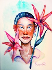 OOAK Gouache Portrait Painting Floral Woman Original Art 5.5×7