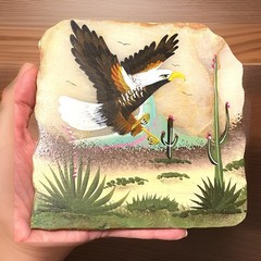 EAGLE Southwest Dessert Sonora Cactus Hand Painted On Slab Vtg STAND Incl READ