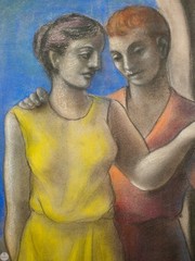 Vintage Framed Original Modernist Pastel Painting „Couple in Harmony“ By Valle