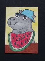 ACEO Original Art Card ATC Watercolor OOAK Signed Watermelon Hippo In Hat By GAT