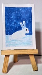 ACEO Original Watercolor Art Card Snow Bunny Rabbit #1 , 2.5×3.5 In. Signed.