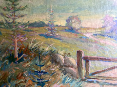 Oil Painting Signed Monogram Landscape Fir Fence Art Nouveau Around 1920 Forest