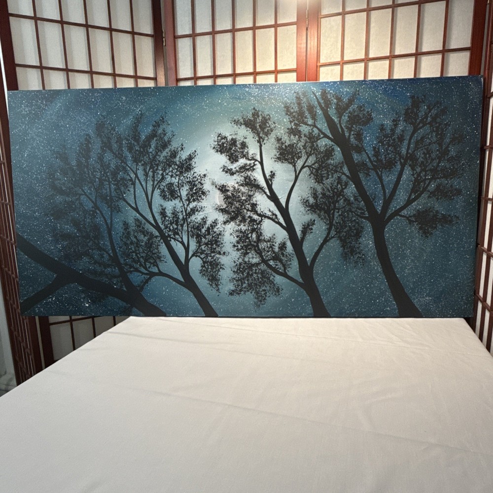 Moon Light Tree Blue Sky acrylic painting on canvas original artist Size 24×48