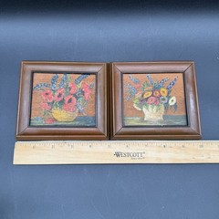 Vtg 2 Pc Mini Floral Still Life Paintings 4.5×5” On Wood, Framed Art