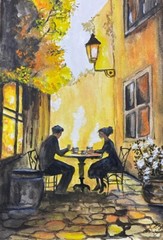 Vintage Evening Cafe Alley Romantic Couple Autumn Scene Acrylic Painting A4