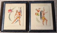 Pair Vintage 1950s Figural Hawaiian Watercolor Paintings Mid Century MCM Modern