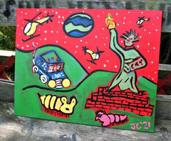 STATUE OF LIBERTY ON MARS by Jr CHARLIE FAST FOLK POP ART SPACE WORMS PAINTING