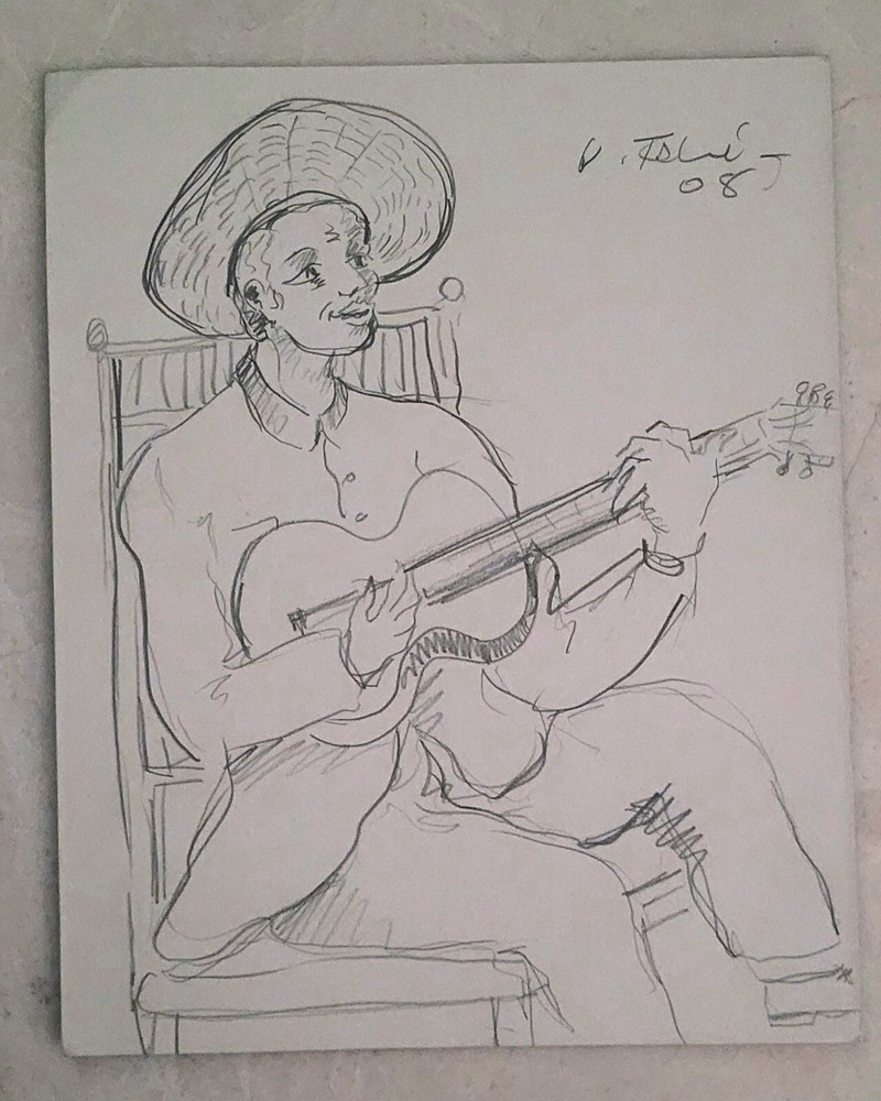Vicente Fabre “Sin Título”Guitar Player Pencil Drawing 9 X 11