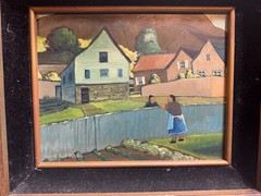 Robert Peet Hooks Signed Oil Painting Village Woman Houses Folk Art Framed 15×13