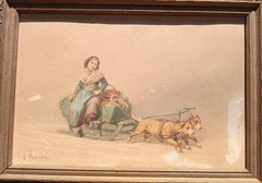 Antique 1850s Watercolor Painting Ferdinand Marohn Signed Winter Girl Dogs Sled