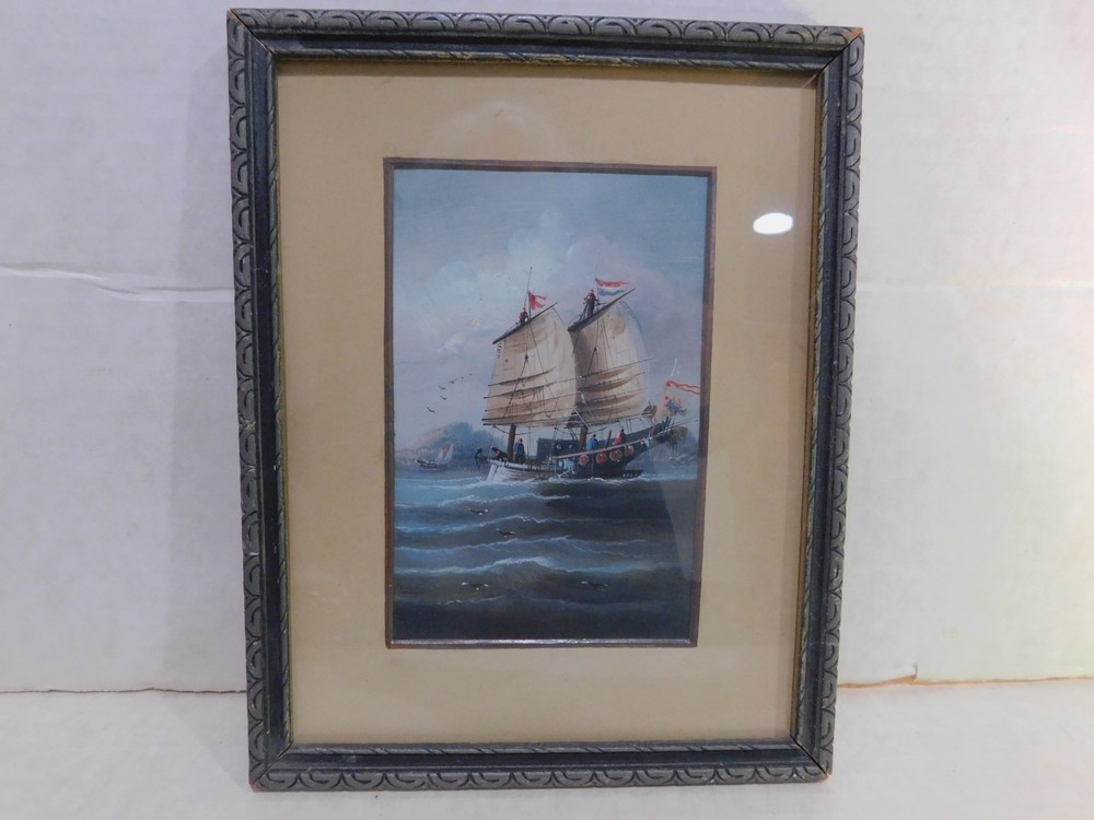 Original Antique Oil Chinese Junk Warlord ship painting, small 6 1/2 x 4 1/4