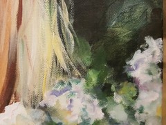 Original oil painting blonde girl green eyes flowers framed signed Dawn Canfield