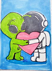 ACEO Original ink drawing Alien and Spaceman LOVE miniature art by CRC