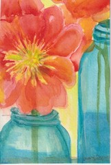 Original 4×6 Coral Peonies aqua jars Watercolor Painting Sharon Foster Free Ship