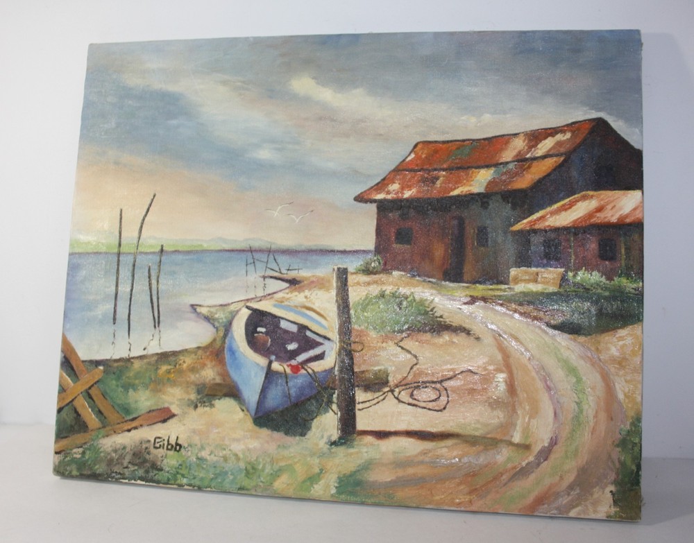 Signed Oil Painting on Canvas Coastal Boat Scene 20X16