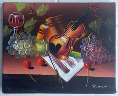 R Mark Fruit Wine Music Still Life Oil on Canvas Original Vintage Painting 1988