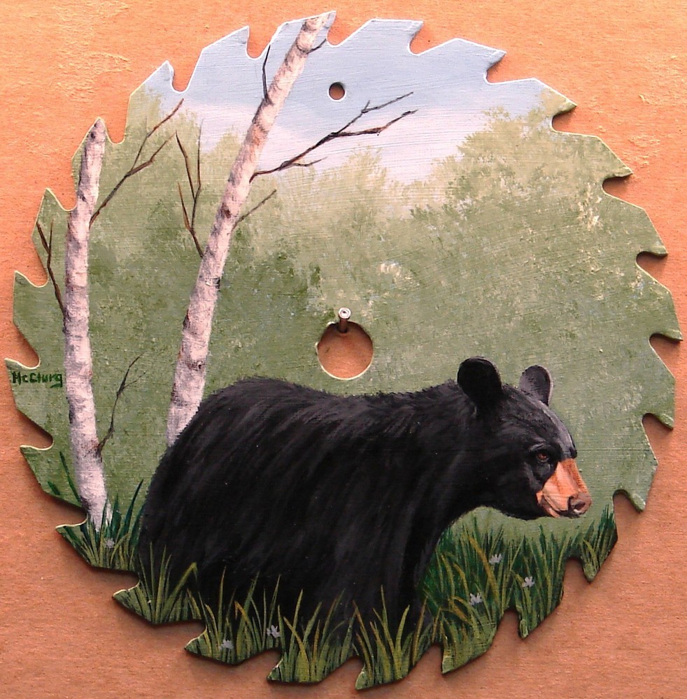 Original Hand Painted Saw Blade Black Bear in Forest 7.25 inches Acrylic