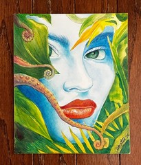 TROPICAL BLUE watercolor and pencil painting 8X10 ORIGINAL ART