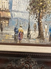 Mid-Century Signed Burnett Paris Street Scene Oil Painting In Ornate Wood Frame