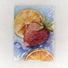 ACEO Original Watercolor OOAK Strawberry Orange Fruit Splash Art Miniature