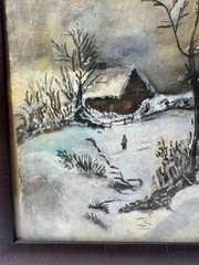 Antique „Figure And Home Landscape In Winter“ Watercolor Painting – Framed