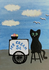 ACEO Mini Tiny Miniature *ART PRINT* Black Cat Ice Cream Street Vendor – Saulite