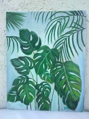 Original Acrylic Painting 8 x 10 Canvas Panel Monstera Leaves Palm Tropical Art