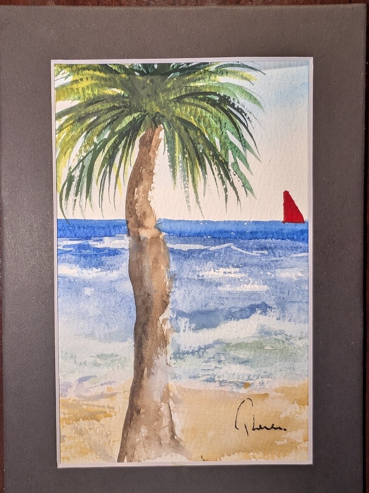 Palm Tree on the Beach – 5 x 7 Watercolor painting with Mat
