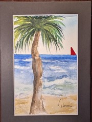 Palm Tree on the Beach – 5 x 7 Watercolor painting with Mat
