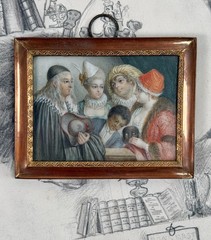 Antique Miniature Painting Antoine Watteau Man Woman Child Actors French Rococo
