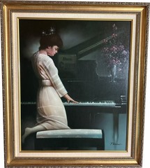 Stunning Signed David Paragol Woman At Piano 28 x 24″ Oil Canvas Painting