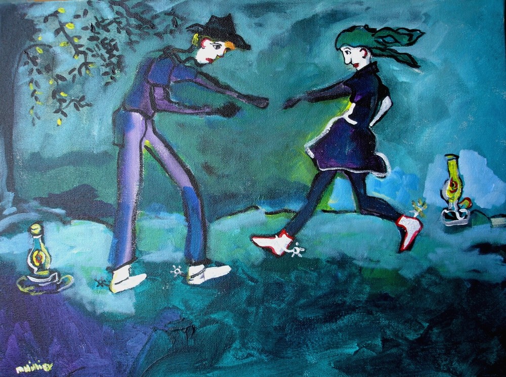 original acrylic 12×16 painting jitterbug Dancing on Bayou Levee Mary Hillier