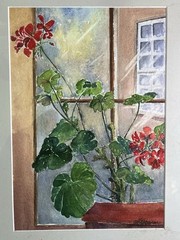 VINTAGE FRAMED MATTED RED GERANIUM WATER COLOR STILL LIFE PAINTING MB MORRISON